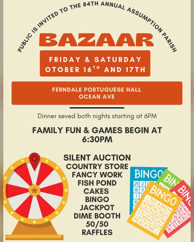 Flyer for the Assumption Parish Bazaar at Ferndale Portuguese Hall, Friday and Saturday, Oct. 16 and 17