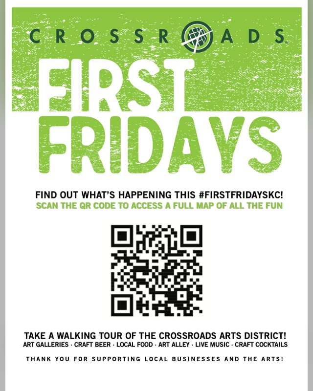 Flyer for First Fridays in the Crossroads promoting a walking tour of the arts district.