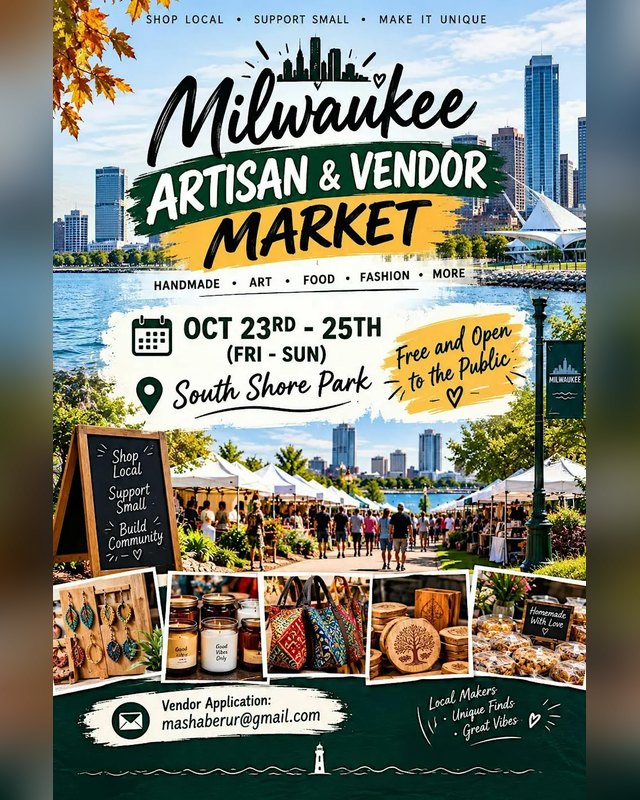 Flyer for Milwaukee Artisan & Vendor Market, Oct 23-25 (Fri-Sun) at South Shore Park, with market booth photos.