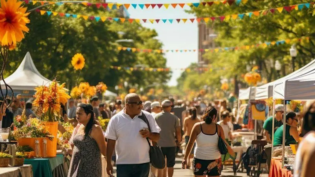Busy outdoor street market with white tents, bunting and shoppers walking among flower displays on a sunny day.
