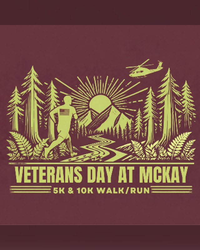 Event artwork for Veterans Day at McKay 5K & 10K Walk/Run showing a runner and forest on a maroon background.