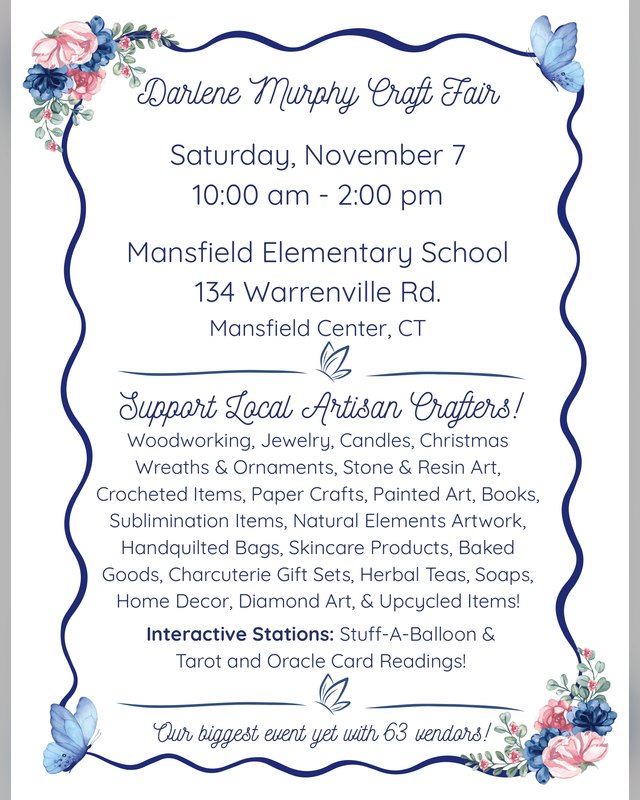 Flyer for Darlene Murphy Craft Fair, Saturday November 7, 10:00 am to 2:00 pm at Mansfield Elementary School.