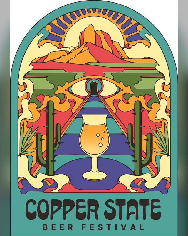 Copper State Beer Festival poster art with a desert scene, cactus, and beer glass above the festival name.