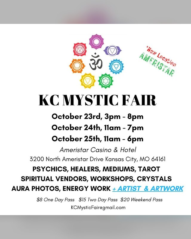 Flyer for KC Mystic Fair listing October 23 to 25 at Ameristar Casino & Hotel, with psychics, healers, mediums and vendors.