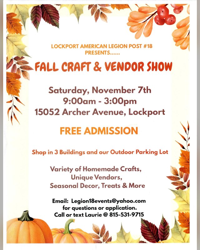 Flyer for the Fall Craft & Vendor Show, Saturday November 7th, 9:00am to 3:00pm, Lockport American Legion Post 18.