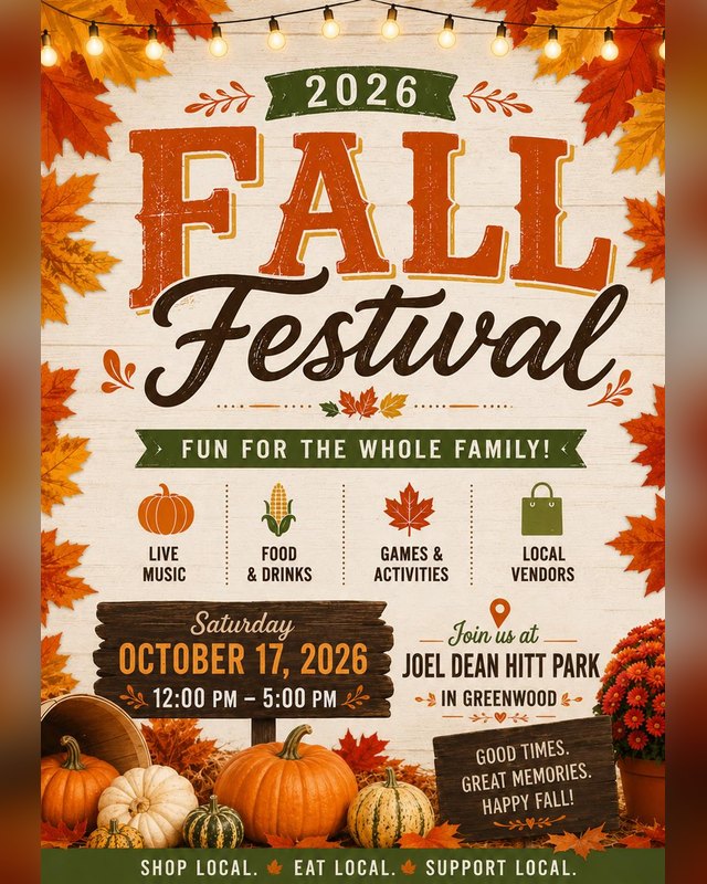 Flyer for the 2026 Fall Festival, Saturday October 17, 2026 at Joel Dean Hitt Park in Greenwood.
