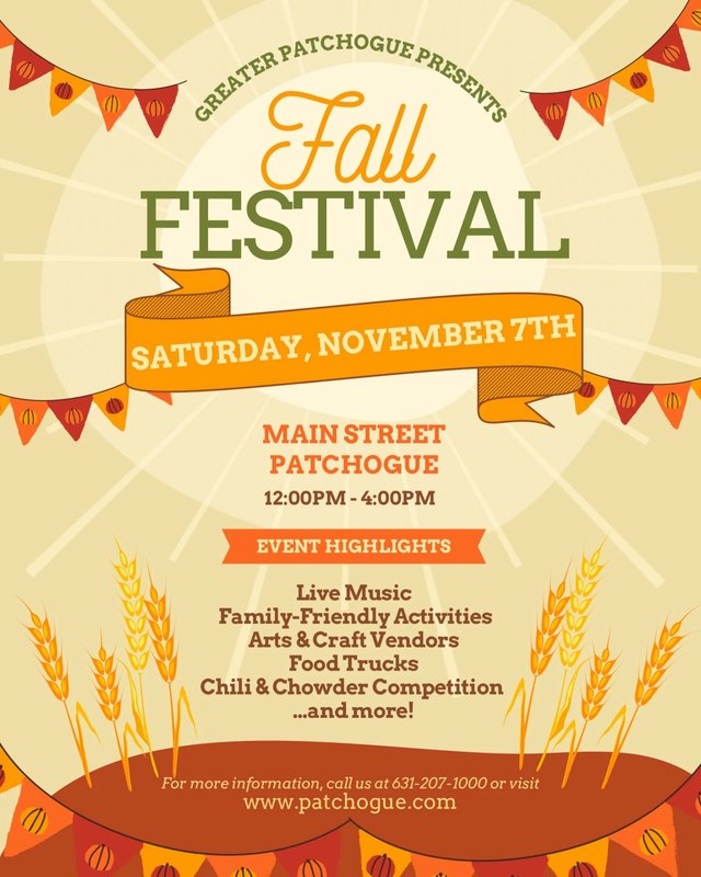 Flyer for the Greater Patchogue Fall Festival, Saturday November 7th on Main Street, Patchogue.
