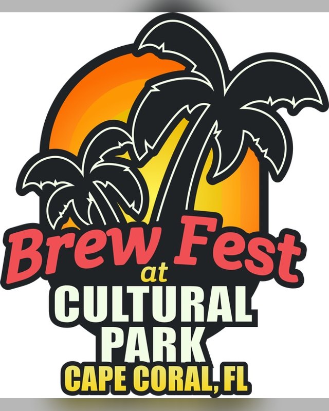 Brew Fest at Cultural Park Cape Coral, FL event logo with palm trees over an orange sunset.