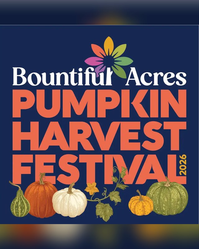 Flyer for Bountiful Acres Pumpkin Harvest Festival 2026 with pumpkins on a navy background.