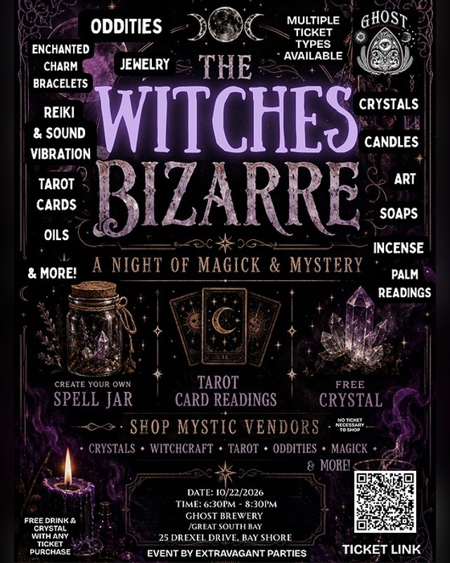 Flyer for The Witches Bizarre, a night of magick and mystery at Ghost Brewery on October 22, 2026.