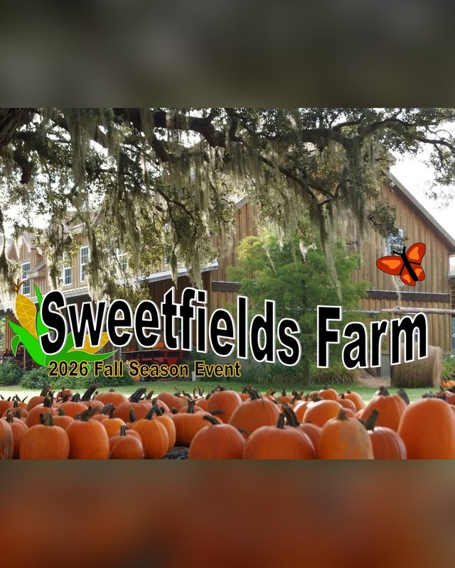 Flyer for Sweetfields Farm 2026 Fall Season Event over a barn and a pumpkin patch