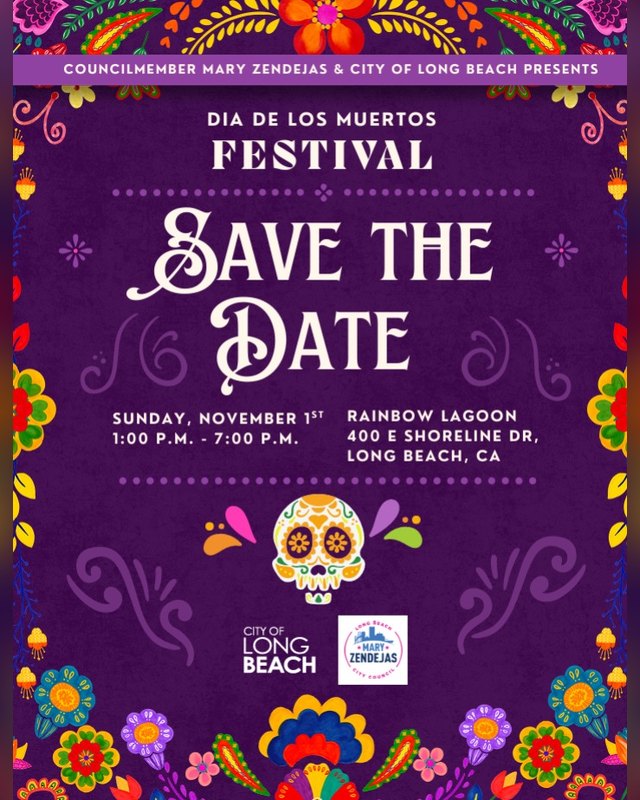 Flyer for Dia de los Muertos Festival, Sunday November 1st at Rainbow Lagoon, Long Beach.