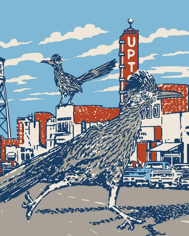 Blue-and-white illustration of a roadrunner in front of the Grand Prairie skyline with a water tower and vintage sign.