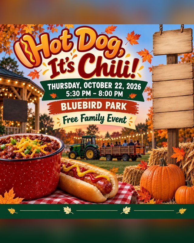 Flyer for Hot Dog It's Chili, Thursday October 22, 2026, 5:30 to 8:00 PM at Bluebird Park, free family event.