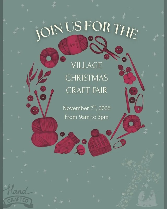 Flyer for Village Christmas Craft Fair, November 7, 2026, from 9am to 3pm, with a yarn and knitting wreath design.