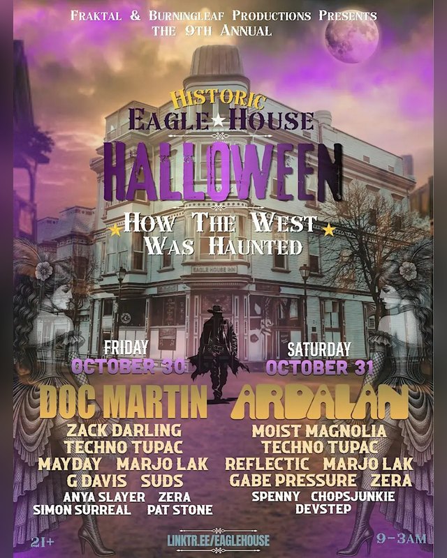 Flyer for Historic Eagle House Halloween, How the West Was Haunted, Friday October 30 and Saturday October 31 lineup.
