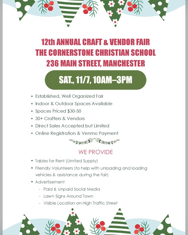 Flyer for the 12th Annual Craft & Vendor Fair at Cornerstone Christian School, Saturday 11/7, 10AM to 3PM.
