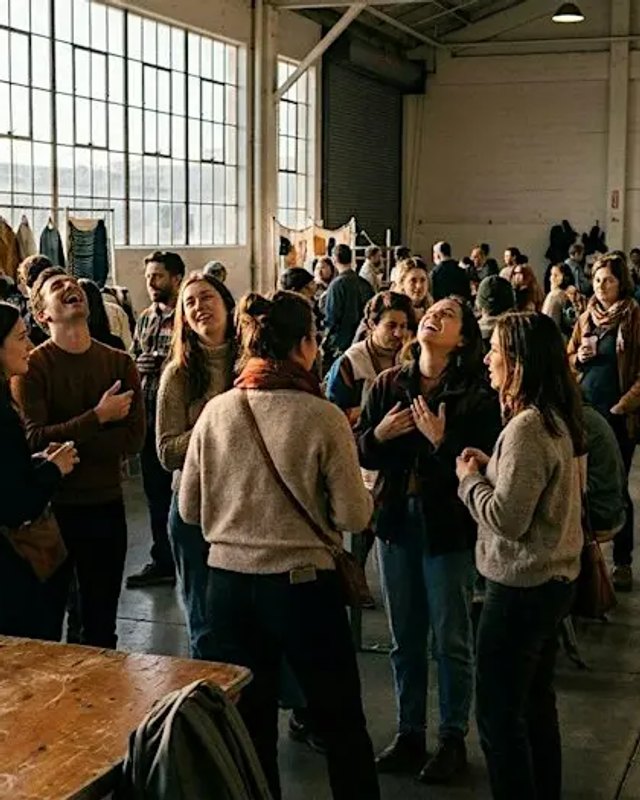 Crowd gathered and laughing among craft booths in a bright indoor hall with tall factory windows.