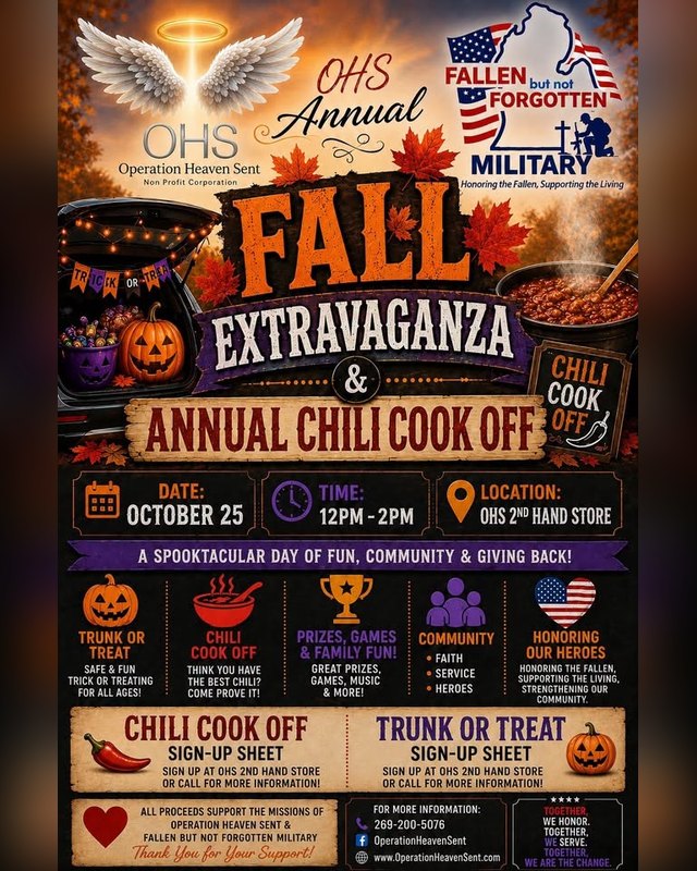 Flyer for the Operation Heaven Sent Fall Extravaganza and Annual Chili Cook Off on October 25