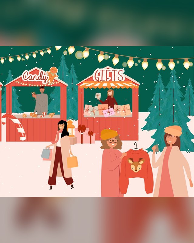 Illustration of a holiday market with candy and gifts stalls, shoppers with bags, and a vendor under string lights.