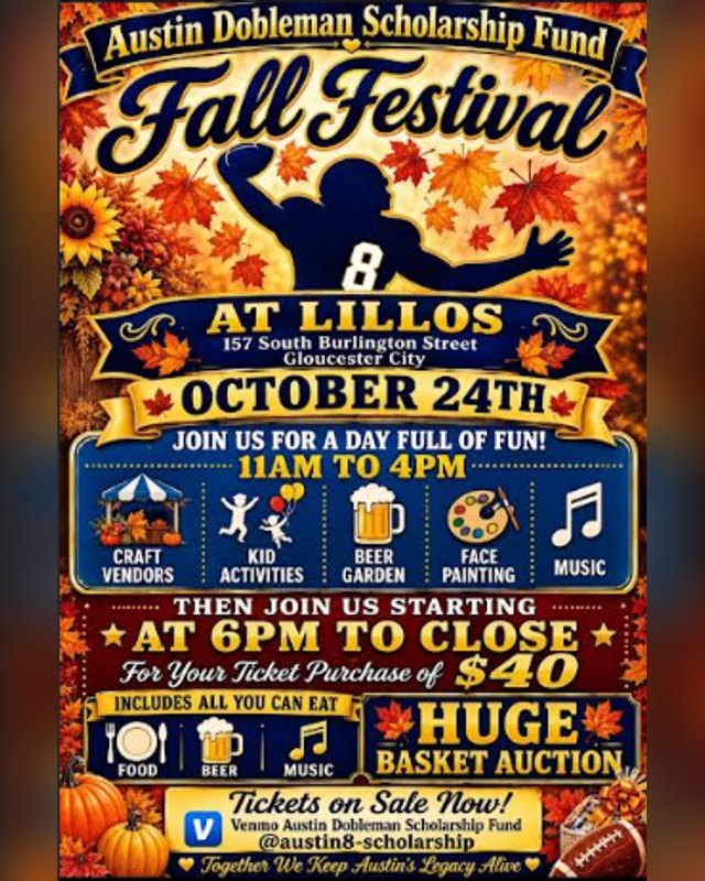 Flyer for the Austin Dobleman Scholarship Fund Fall Festival at Lillo's, October 24th, 11am to 4pm, with craft vendors and food.
