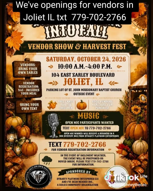 Flyer for the Vendor Show & Harvest Fest, Saturday October 24, 2026, 10 AM to 4 PM, St. John Missionary Baptist Church parking lot, Joliet IL.