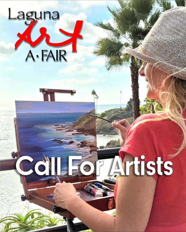 Call for Artists poster for Laguna Art-A-Fair showing a painter at an easel by the coast.