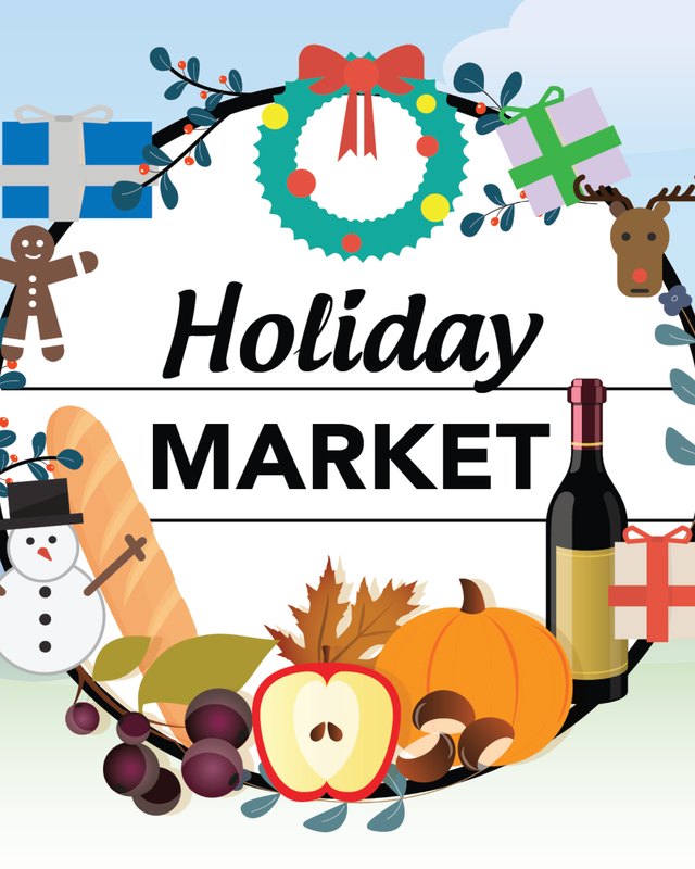 Holiday Market graphic with a wreath of holiday decorations, a snowman, gingerbread and produce around the title.