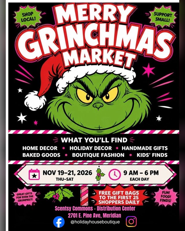 Flyer for Merry Grinchmas Market, Nov 19-21, 2026, at Scentsy Commons in Meridian.