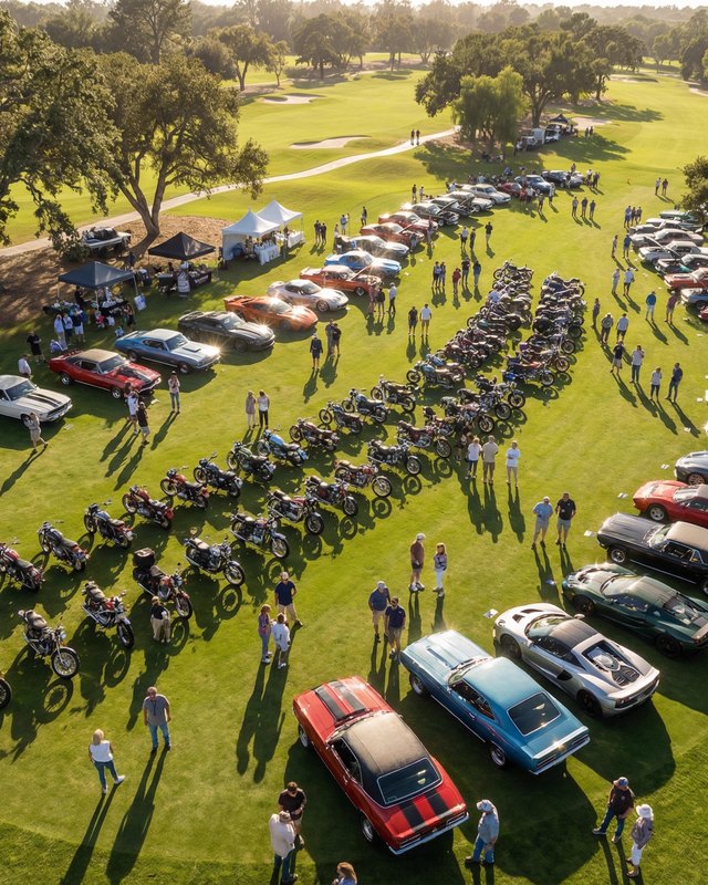 Aerial view of rows of classic cars and motorcycles parked on a green park lawn with spectators walking among them.