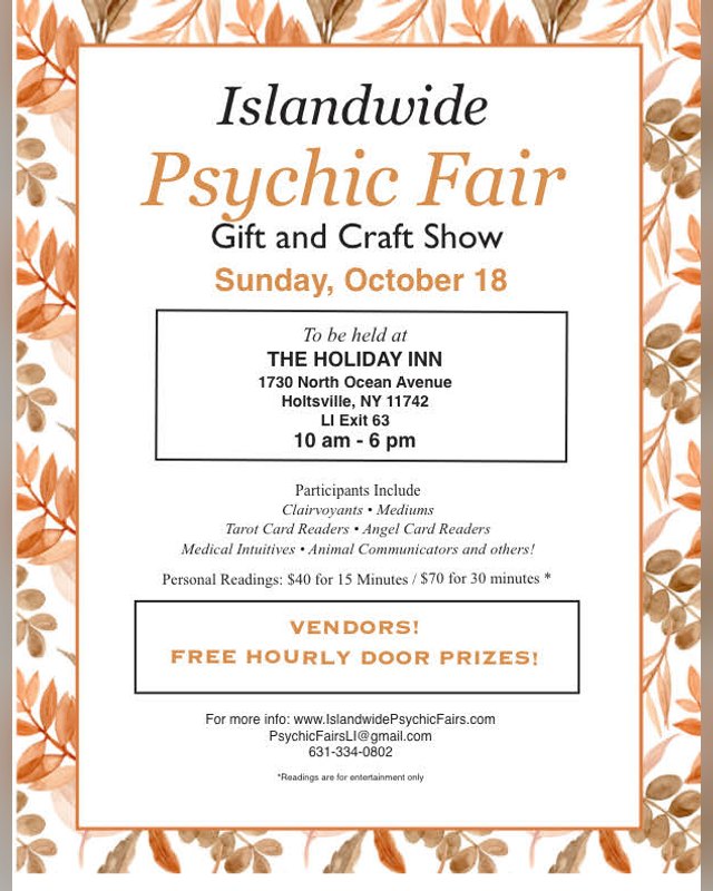 Flyer for the Islandwide Psychic Fair Gift and Craft Show, Sunday October 18, at the Holiday Inn in Holtsville.
