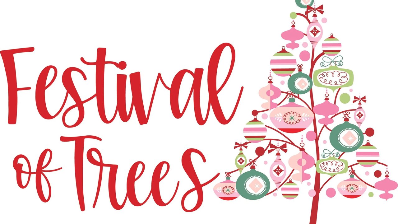 Festival of Trees title graphic in red script beside a tree decorated with pink, green and white ornaments.