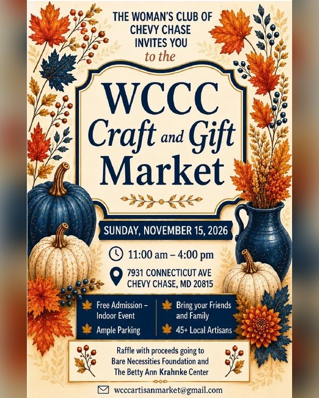 Flyer for the 2026 WCCC Craft and Gift Market on Sunday, November 15, 2026, in Chevy Chase.