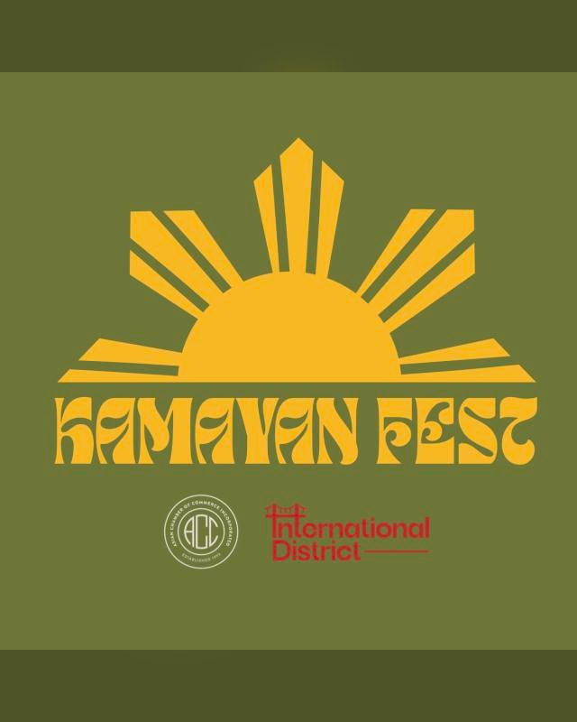 Kamayan Fest logo with a yellow sunburst over olive green, with the International District mark below.