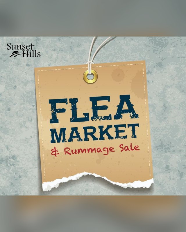 Sunset Hills flyer reading 'Flea Market & Rummage Sale' on a tan tag, with the Sunset Hills logo in the top-left corner.