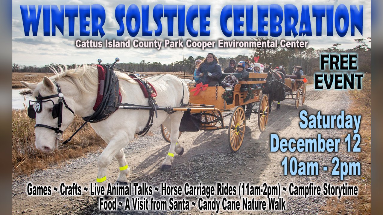 Flyer for Winter Solstice Celebration at Cattus Island County Park, Saturday December 12, 10am to 2pm.