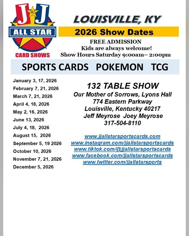 Flyer for the 2026 Louisville show dates, listing the 132 table show at Our Mother of Sorrows, Lyons Hall, with November 21, 2026 on the schedule.