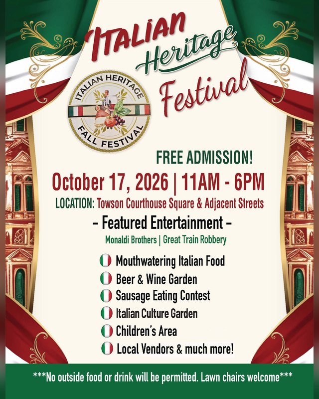 Flyer for Italian Heritage Festival, October 17, 2026, 11AM-6PM, Towson Courthouse Square