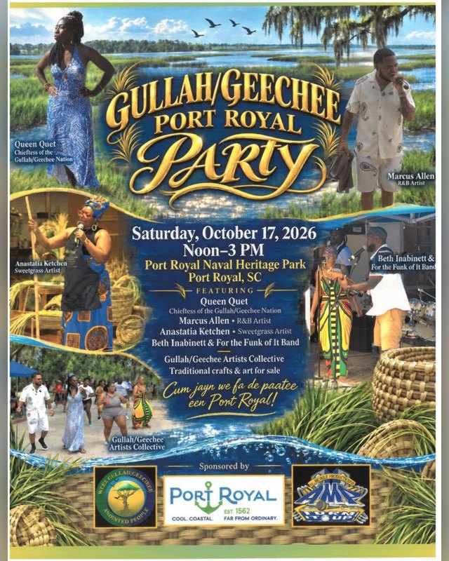 Flyer for Gullah/Geechee Port Royal Party, Saturday October 17, 2026, noon to 3 PM at Port Royal Naval Heritage Park.