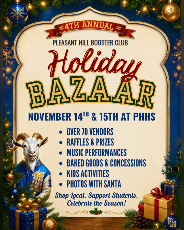 Flyer for the 4th Annual Holiday Bazaar, November 14th and 15th at PHHS, with vendors, raffles and kids activities listed.