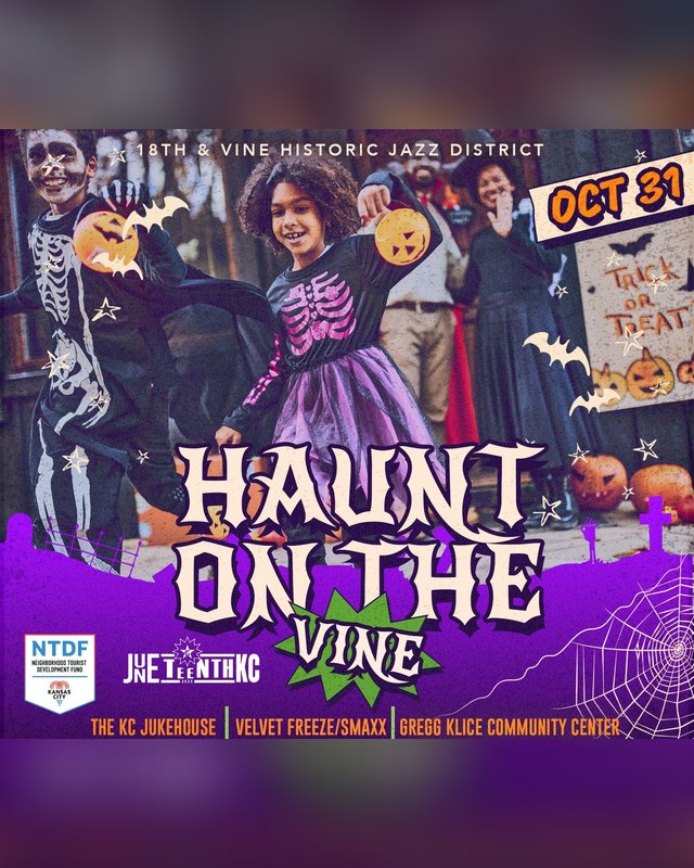 Flyer for Haunt on the Vine showing costumed kids and an Oct 31 date at 18th and Vine.