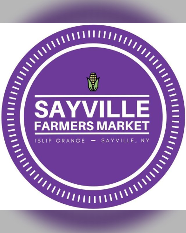 Purple circular Sayville Farmers Market logo reading Islip Grange, Sayville, NY
