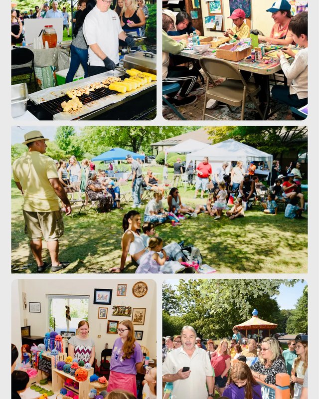 Collage of festival photos showing vendor booths, food tables, and shoppers on a sunny lawn at Nook Fair.