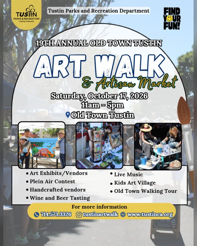 Flyer for the Art Walk & Artisan Market in Old Town Tustin, Saturday October 17, 2026.
