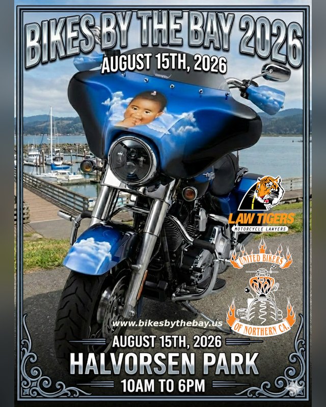 Flyer for Bikes By The Bay, August 15, 2026, at Halvorsen Park, 10 AM to 6 PM, with a blue motorcycle and a child's face on its tank