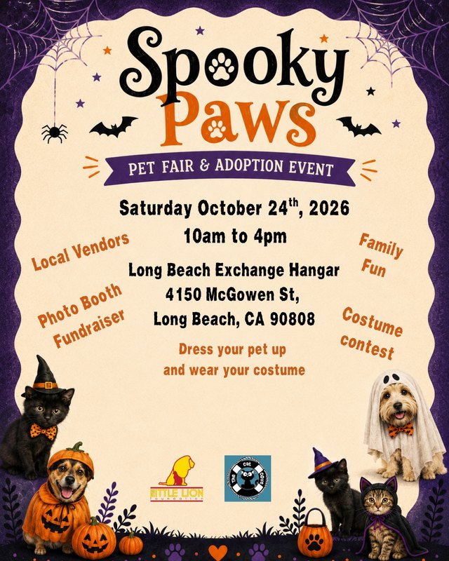 Flyer for Spooky Paws pet fair and adoption event, Saturday October 24, 2026 at Long Beach Exchange Hangar.