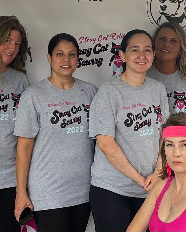 Group of people in gray Stray Cat Scurry 2022 t-shirts posing together in front of a white backdrop.