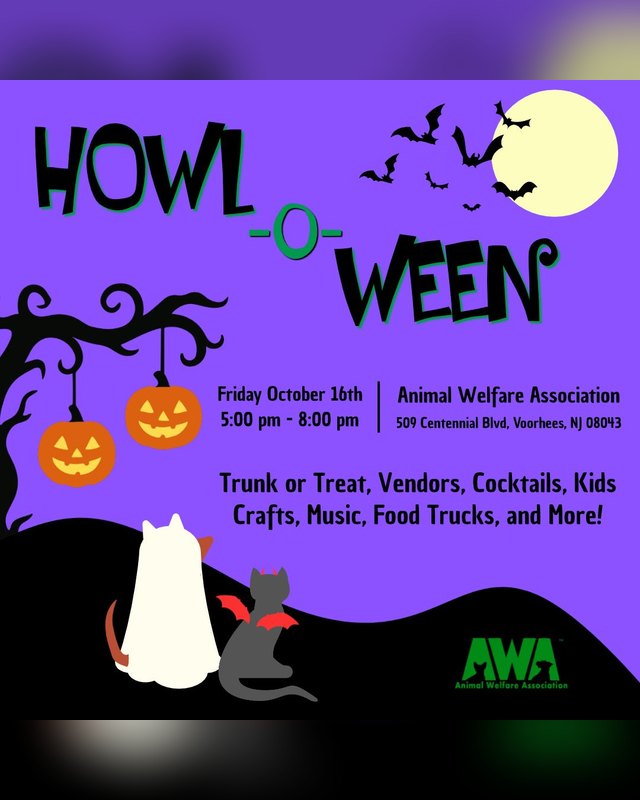 Flyer for Howl-O-Ween Bash, Friday October 16 at Animal Welfare Association in Voorhees, with trunk or treat and vendors.