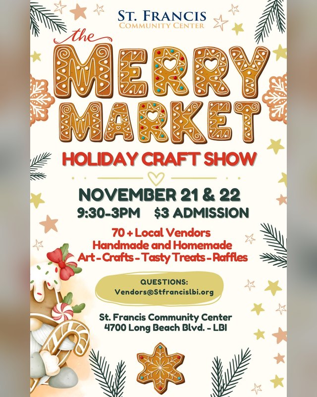 Flyer for The Merry Market Holiday Craft Show, November 21 and 22, with gingerbread lettering and holiday decorations.