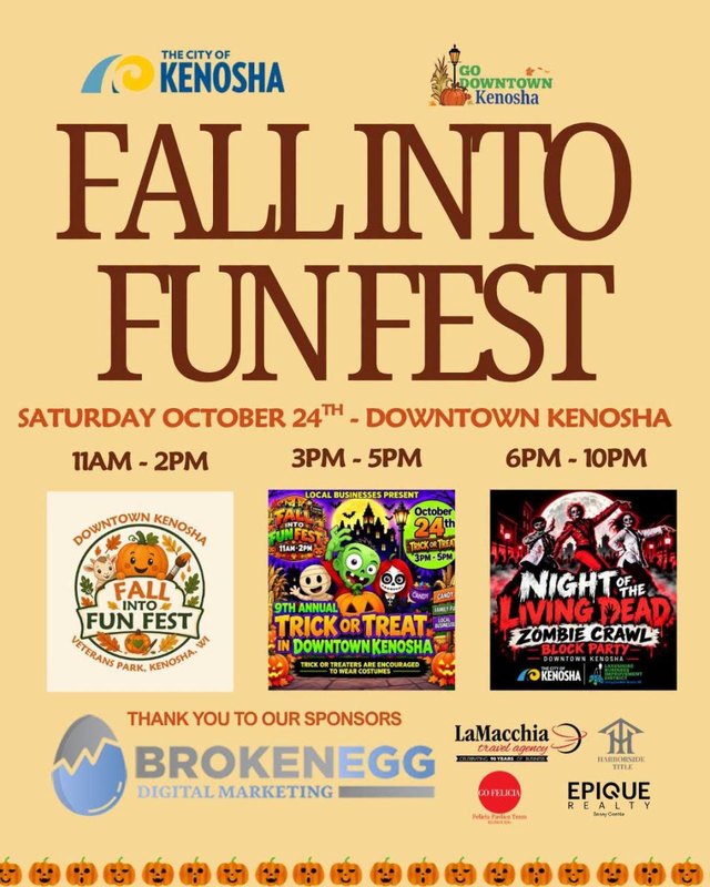 Flyer for Fall into Fun Fest in Downtown Kenosha on Saturday, October 24, with event times and sponsor logos.